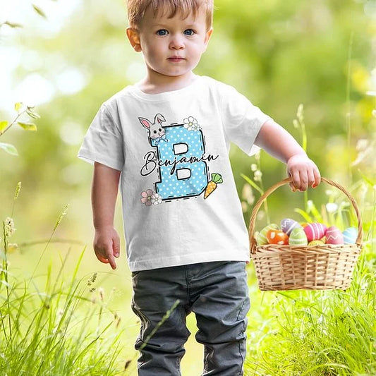 Personalized Multicolor Cute Easter Bunny Initial Carrot 100% Cotton Kid T-shirt with Name Easter Party Gift for Boys Girls