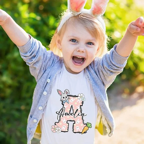 Personalized Multicolor Cute Easter Bunny Initial Carrot 100% Cotton Kid T-shirt with Name Easter Party Gift for Boys Girls