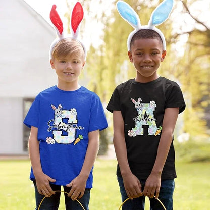 Personalized Multicolor Cute Easter Bunny Initial Carrot 100% Cotton Kid T-shirt with Name Easter Party Gift for Boys Girls