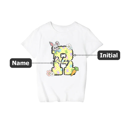 Personalized Multicolor Cute Easter Bunny Initial Carrot 100% Cotton Kid T-shirt with Name Easter Party Gift for Boys Girls